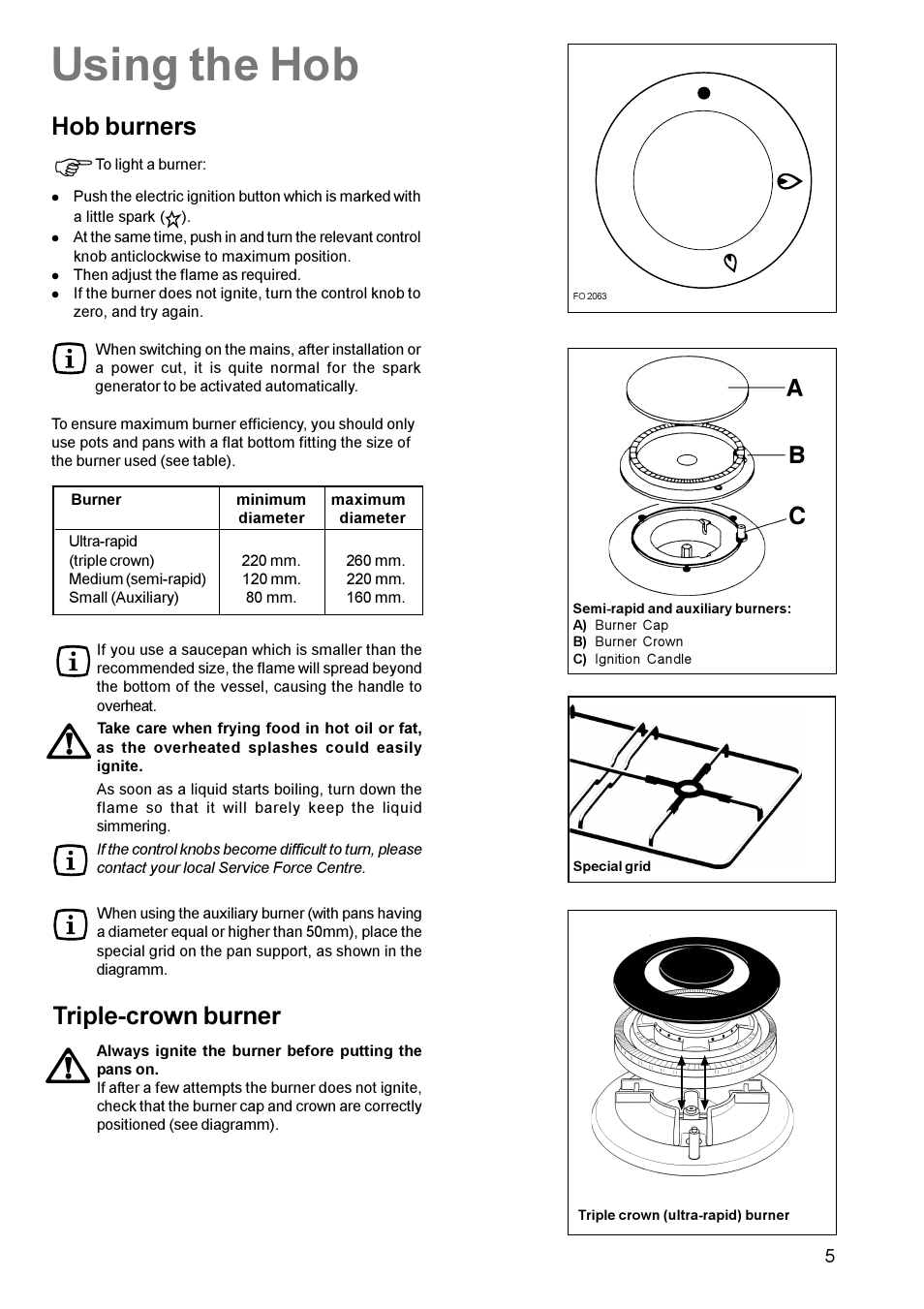 Using the hob, Hob burners, Triple-crown burner | Electrolux U22062 CSIG 509 User Manual | Page 5 / 24
