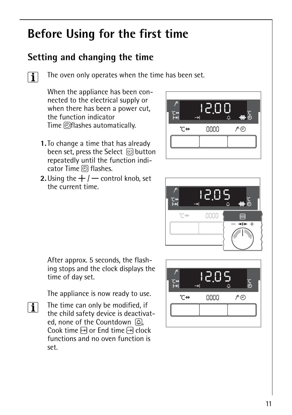Before using for the first time, Setting and changing the time | Electrolux E5731-4 User Manual | Page 11 / 64