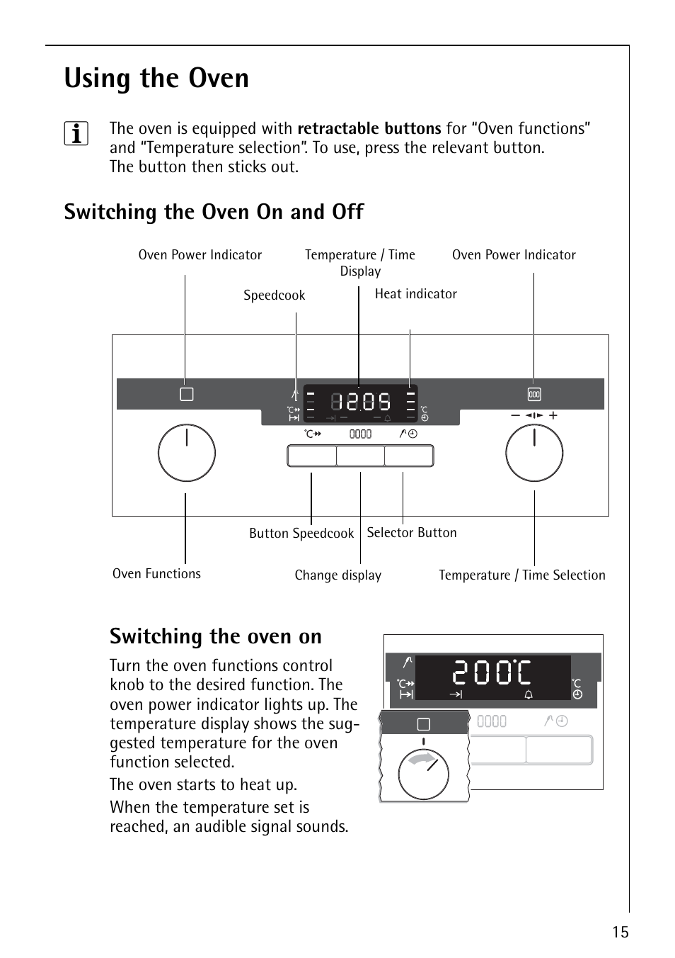 Using the oven 3, Switching the oven on and off, Switching the oven on | Electrolux E5731-4 User Manual | Page 15 / 64