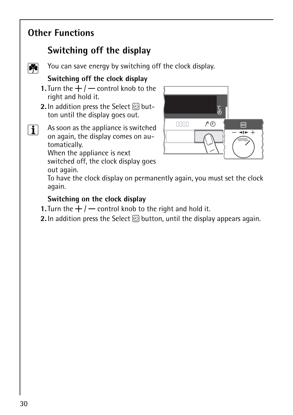 Other functions switching off the display | Electrolux E5731-4 User Manual | Page 30 / 64