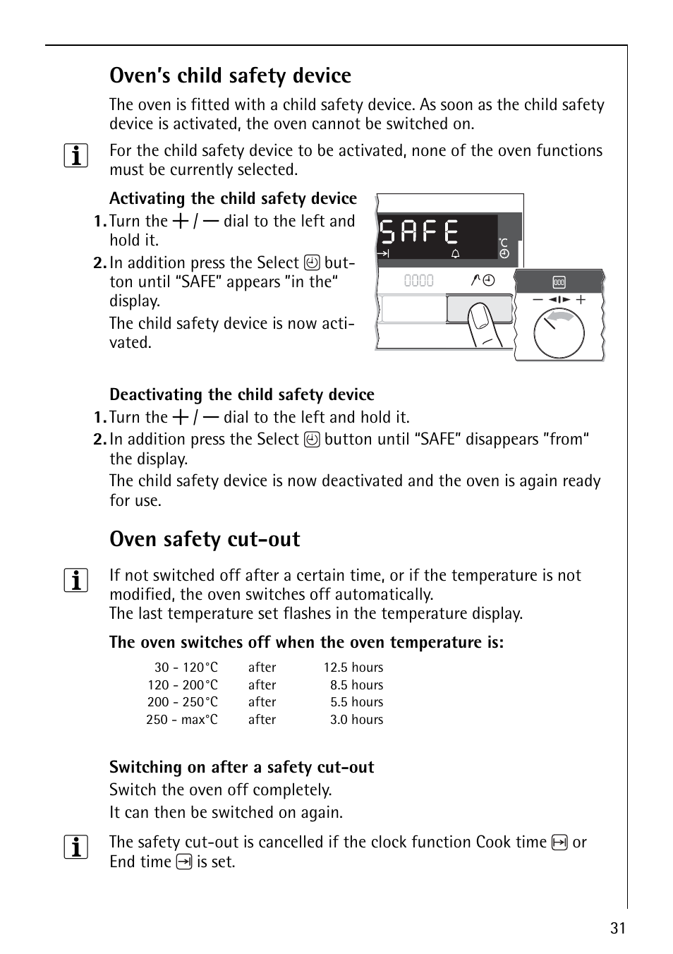 Oven’s child safety device, Oven safety cut-out | Electrolux E5731-4 User Manual | Page 31 / 64