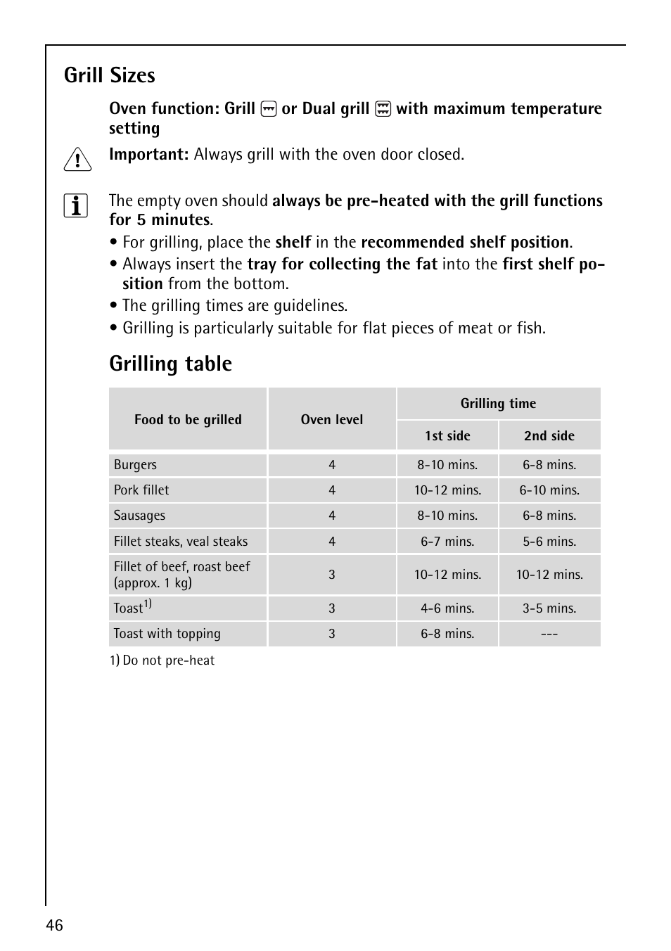 Grill sizes, Grilling table | Electrolux E5731-4 User Manual | Page 46 / 64