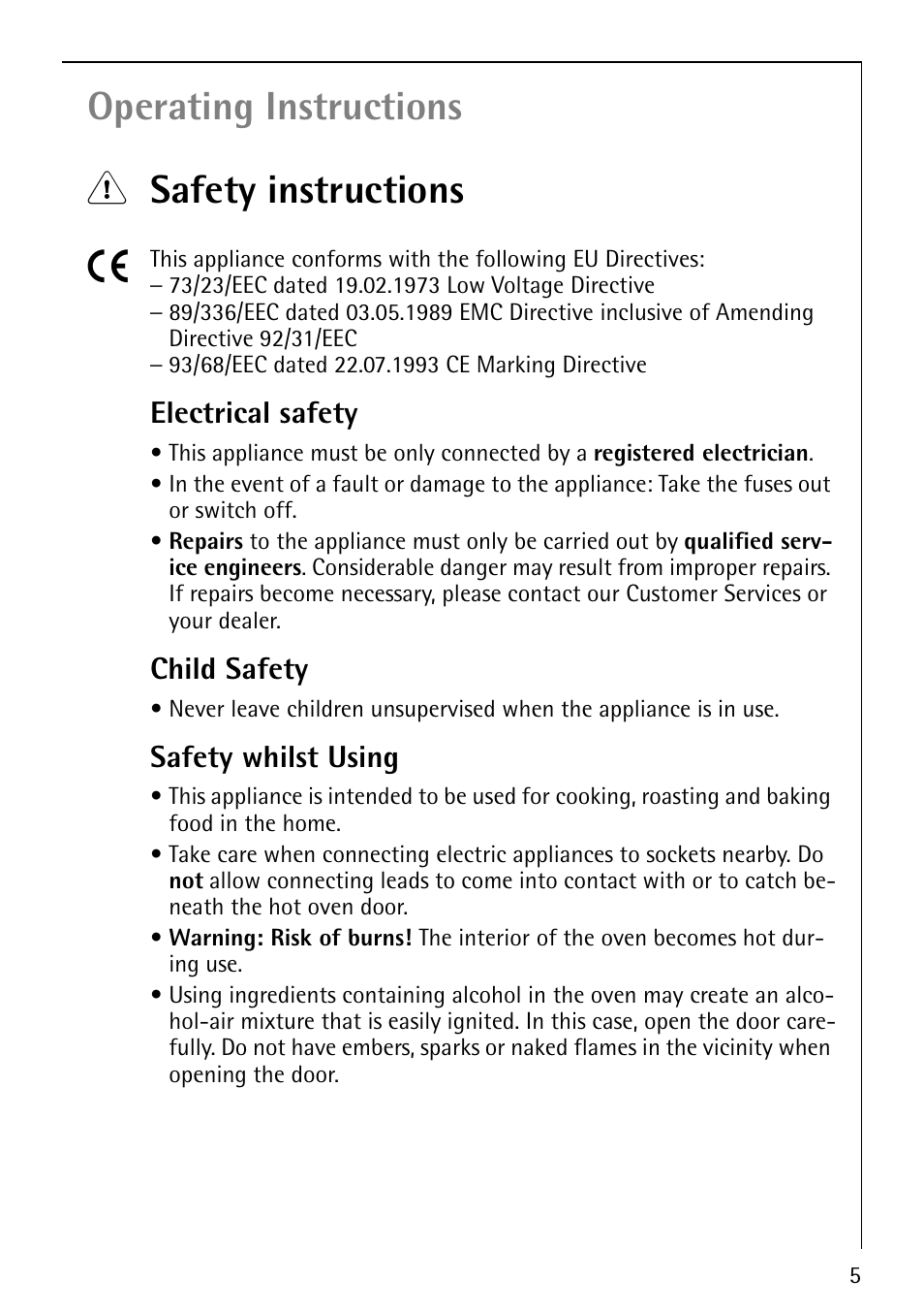 Operating instructions 1 safety instructions 5, Electrical safety, Child safety | Safety whilst using | Electrolux E5731-4 User Manual | Page 5 / 64