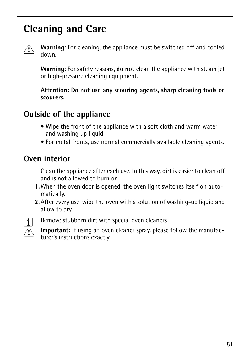 Cleaning and care 1, Outside of the appliance, Oven interior | Electrolux E5731-4 User Manual | Page 51 / 64