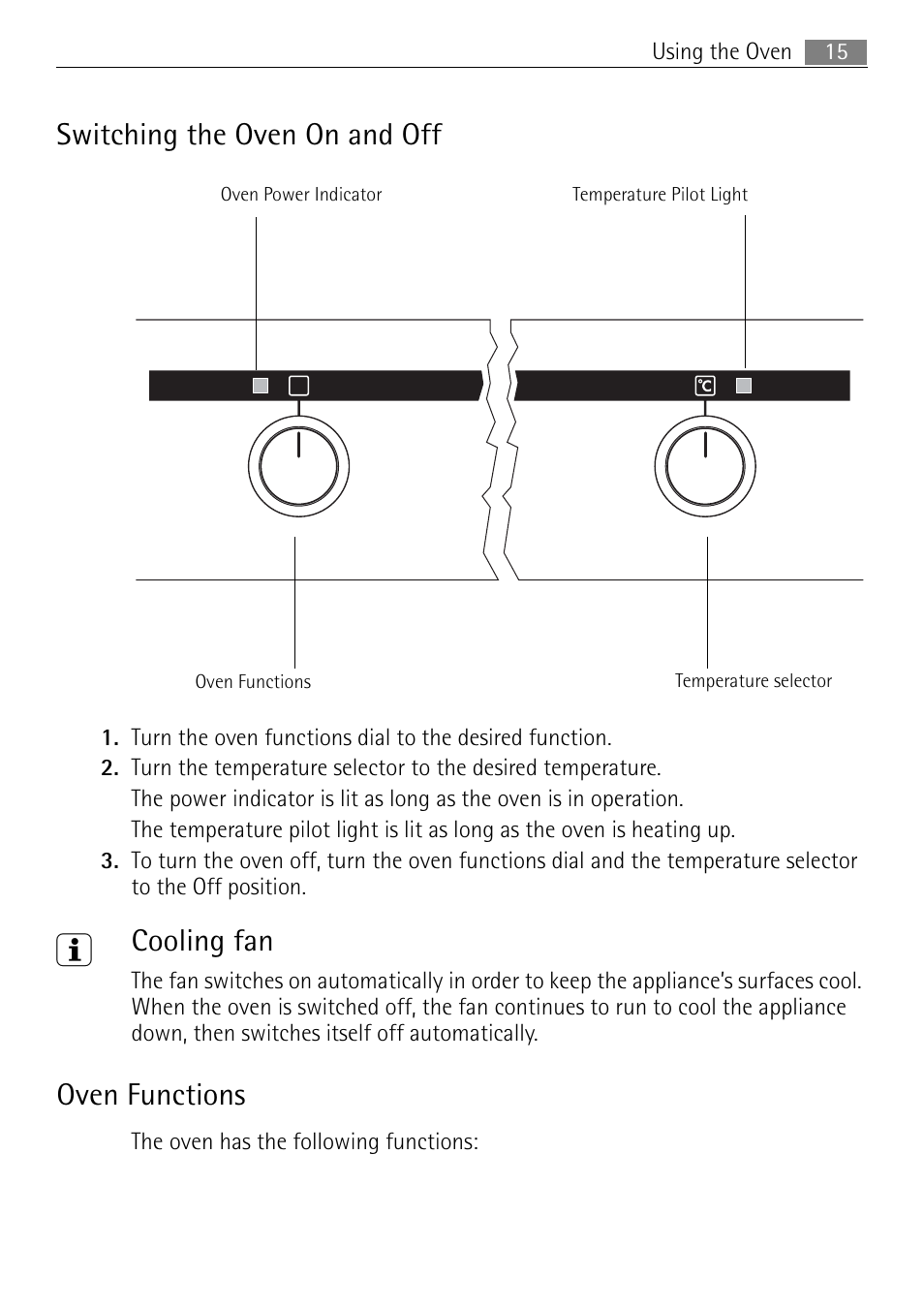 Switching the oven on and off, Cooling fan, Oven functions | Electrolux 41016VI User Manual | Page 15 / 60