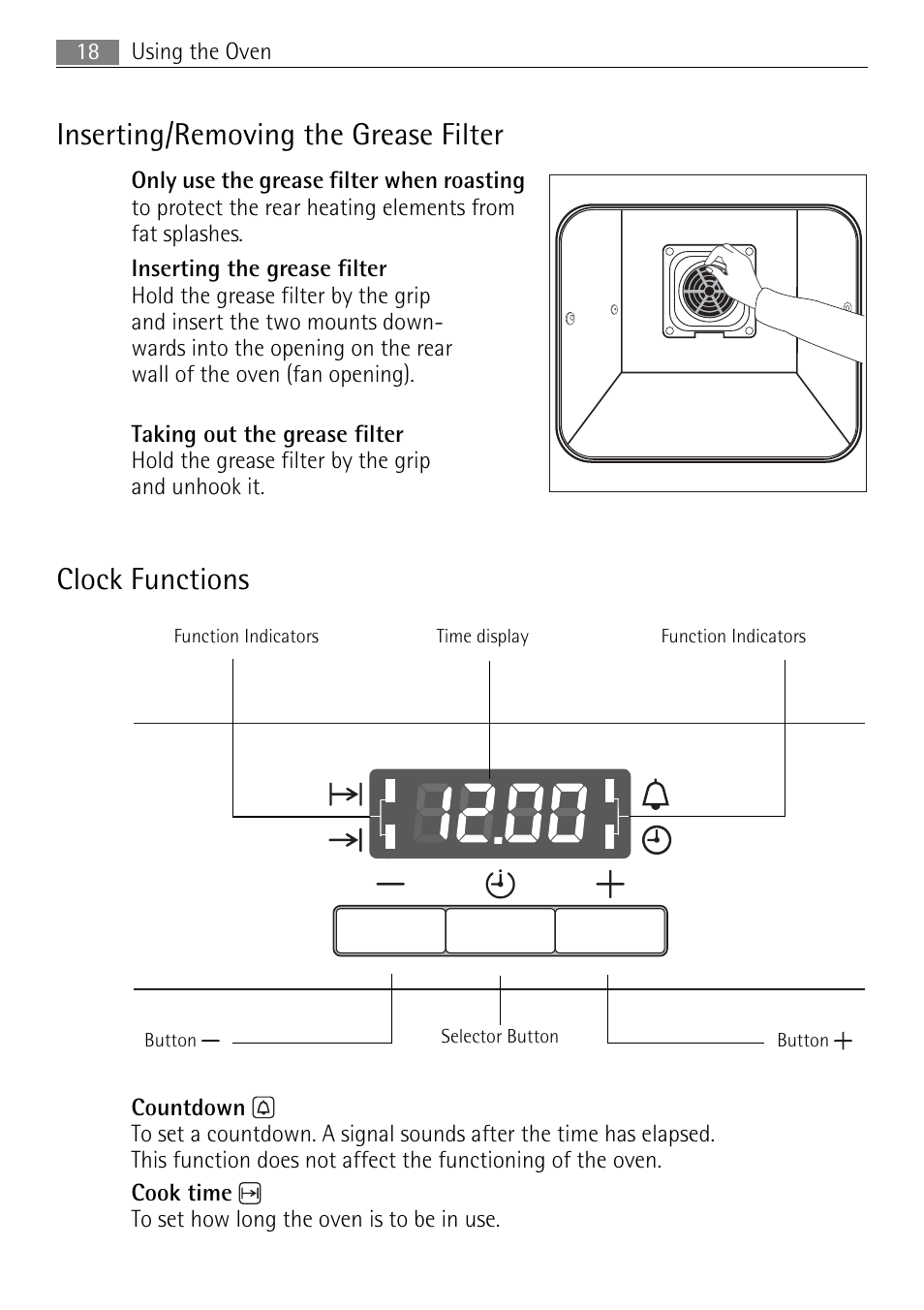 Inserting/removing the grease filter, Clock functions | Electrolux 41016VI User Manual | Page 18 / 60