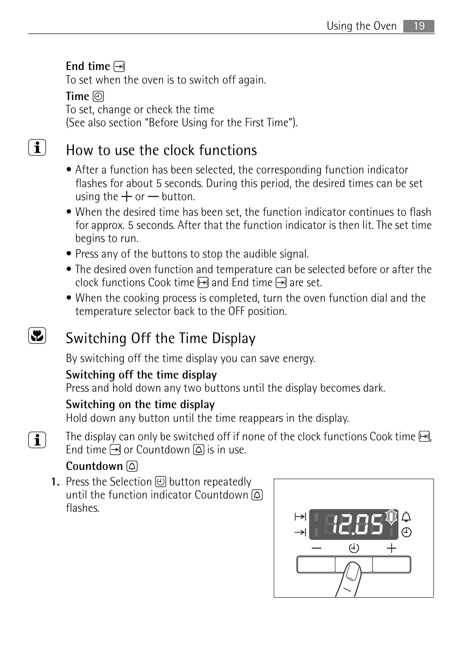 How to use the clock functions, Switching off the time display | Electrolux 41016VI User Manual | Page 19 / 60