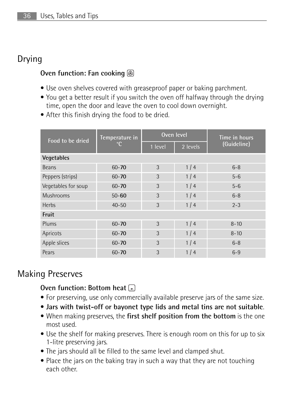 Drying, Making preserves | Electrolux 41016VI User Manual | Page 36 / 60