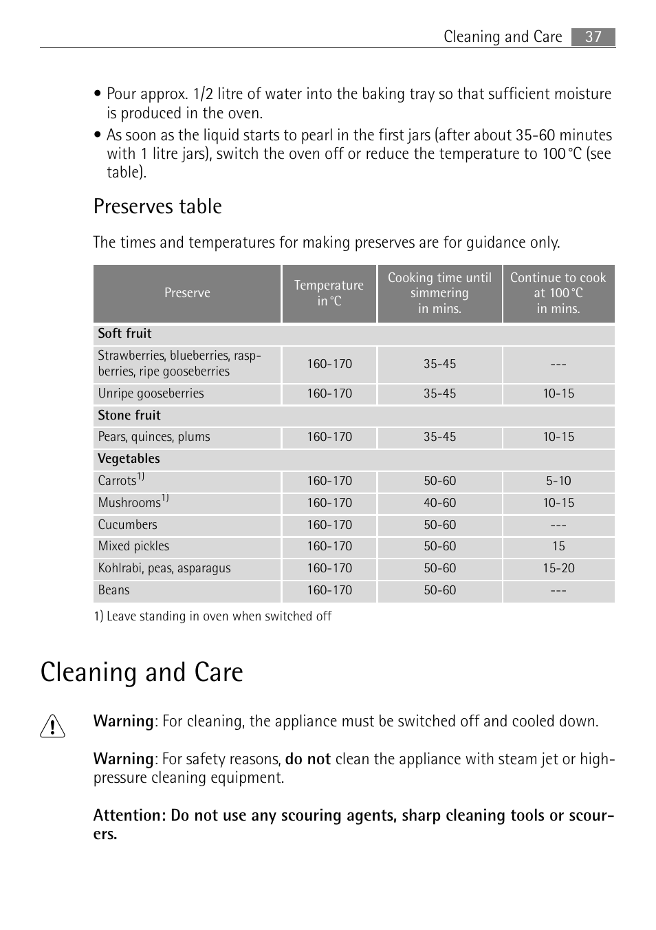 Cleaning and care 1, Preserves table | Electrolux 41016VI User Manual | Page 37 / 60