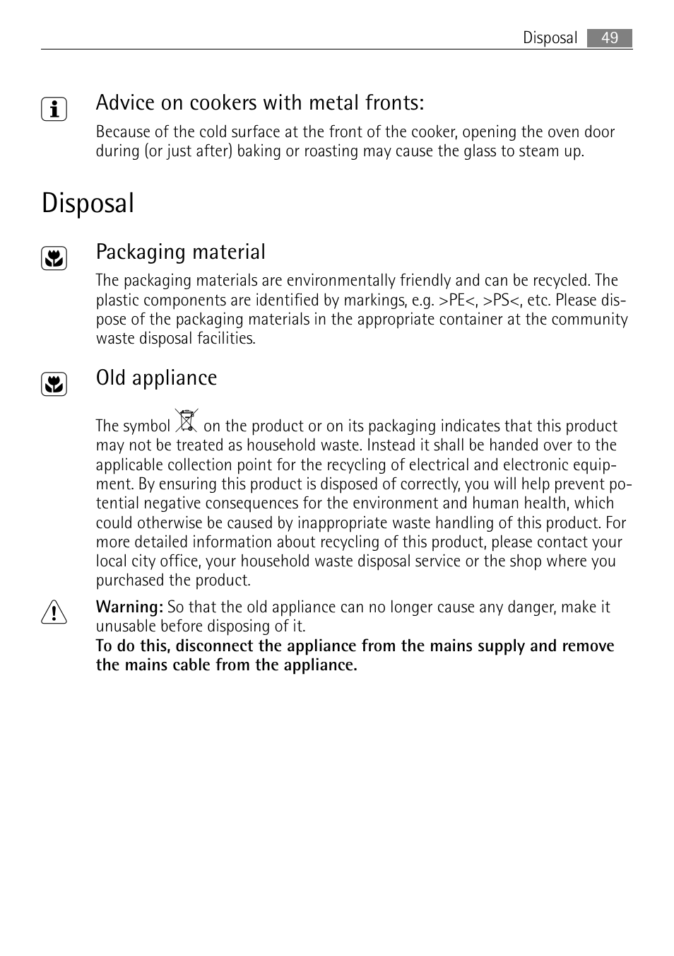 Disposal 2 | Electrolux 41016VI User Manual | Page 49 / 60