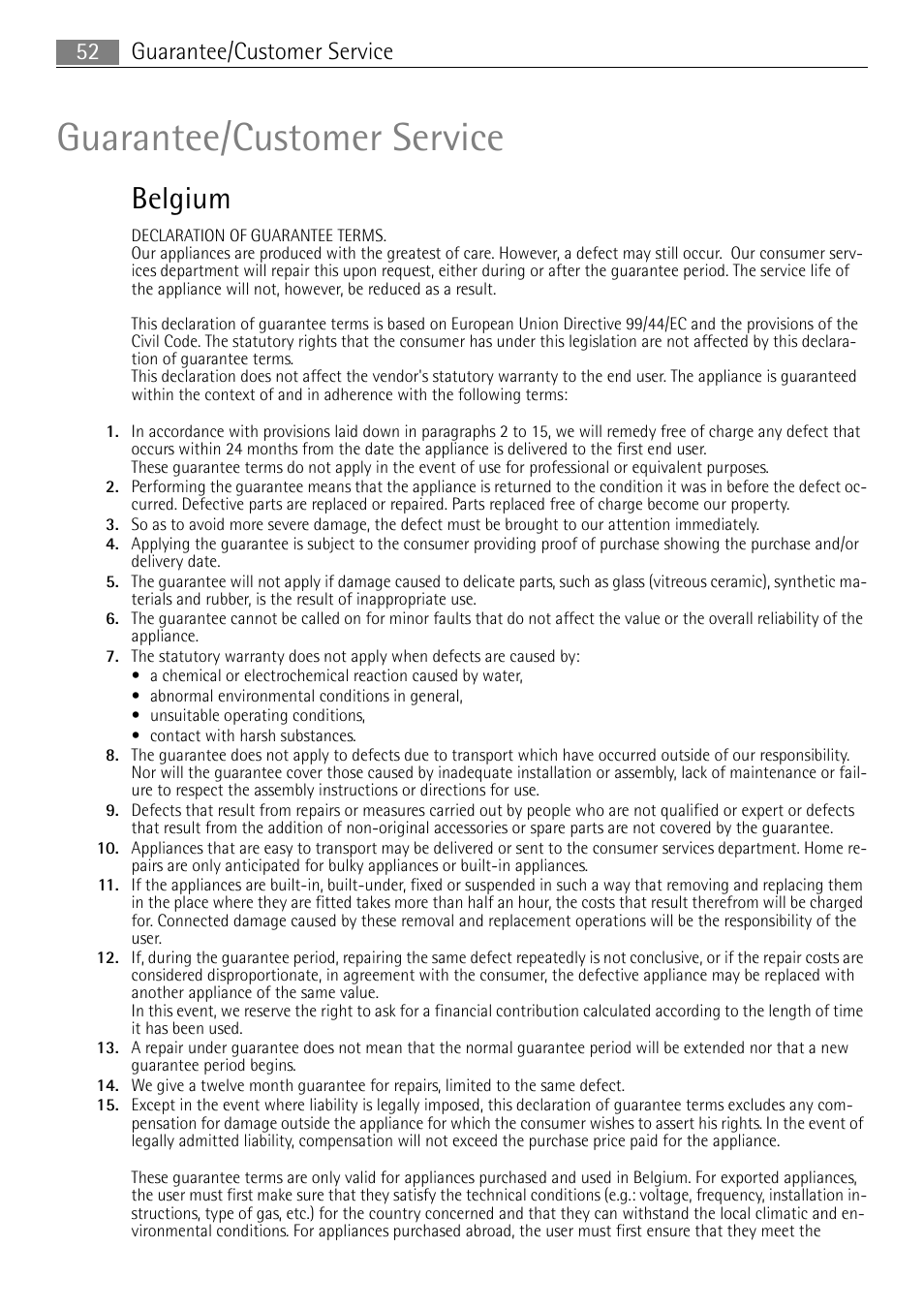 Guarantee/customer service, Belgium, Guarantee/customer service 52 | Electrolux 41016VI User Manual | Page 52 / 60