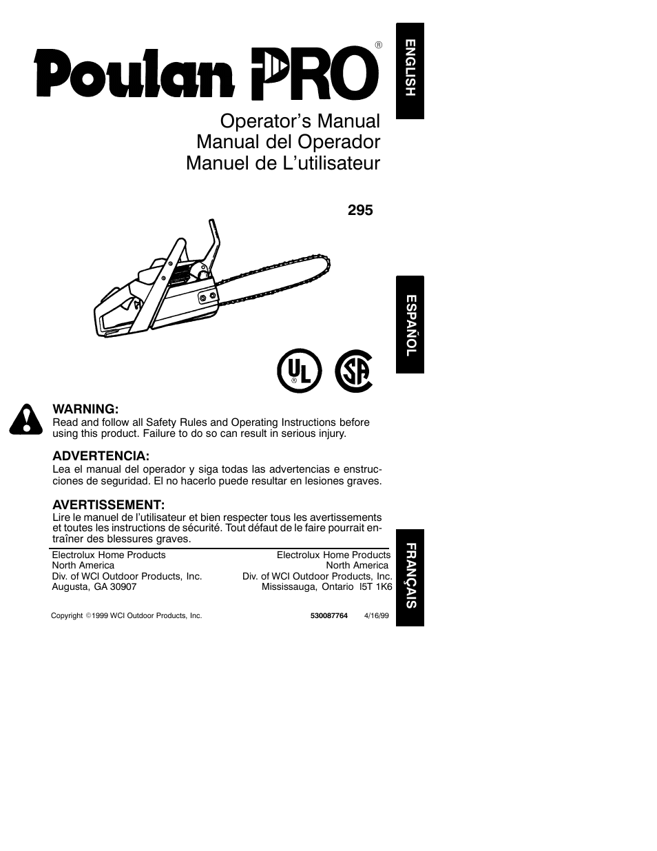 Electrolux POULAN PRO 295 User Manual | 15 pages