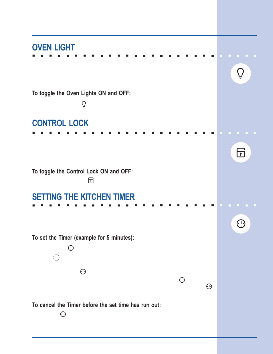 Getting started, Oven light, Control lock | Setting the kitchen timer | Electrolux E30EW85GSS User Manual | Page 15 / 44