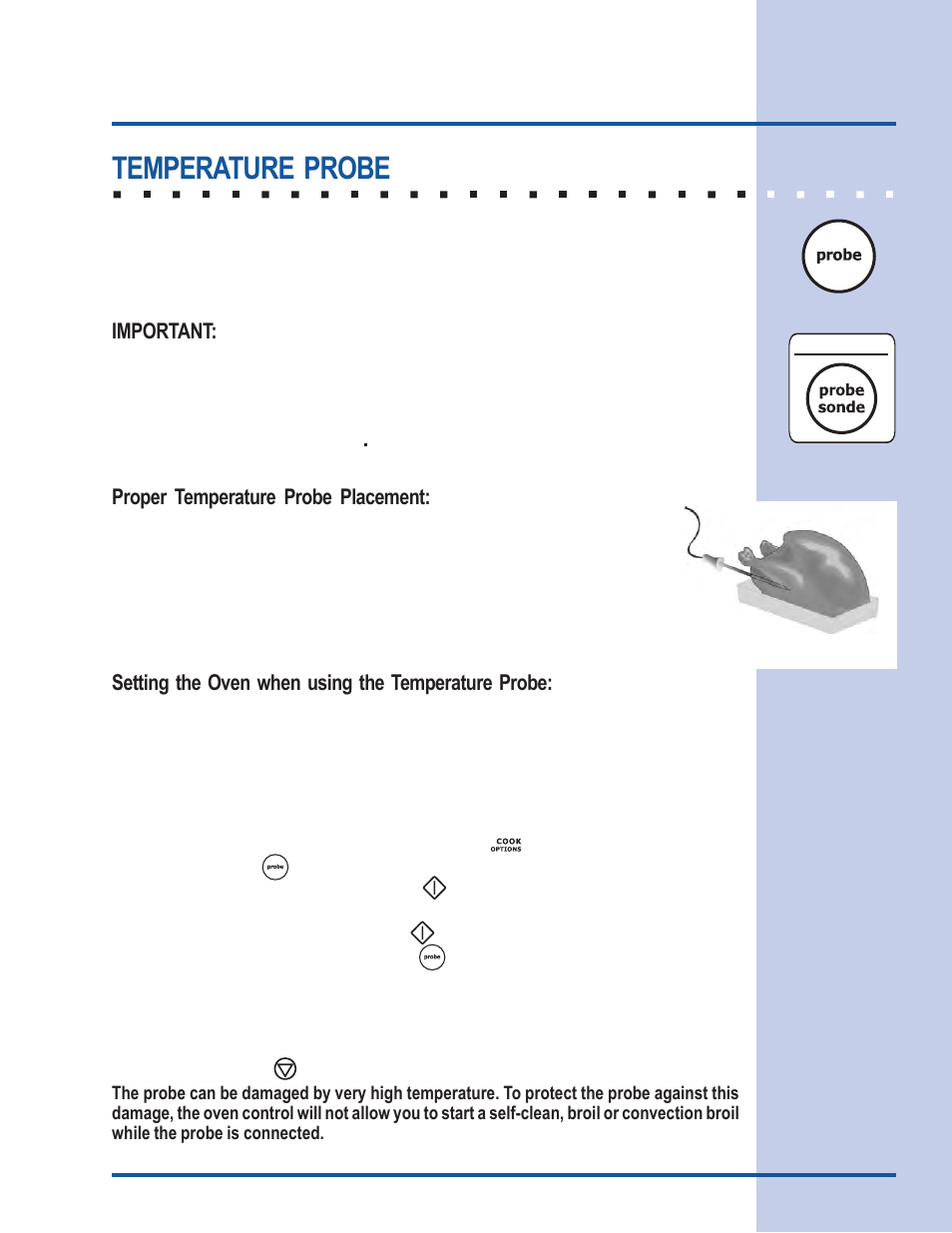 Cooking modes, Temperature probe, Important | Proper temperature probe placement, Setting the oven when using the temperature probe | Electrolux E30EW85GSS User Manual | Page 27 / 44