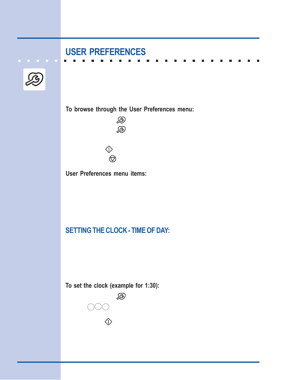 Electronic control settings, User preferences, Setting the clock - time of day | User preferences menu items | Electrolux E30EW85GSS User Manual | Page 30 / 44