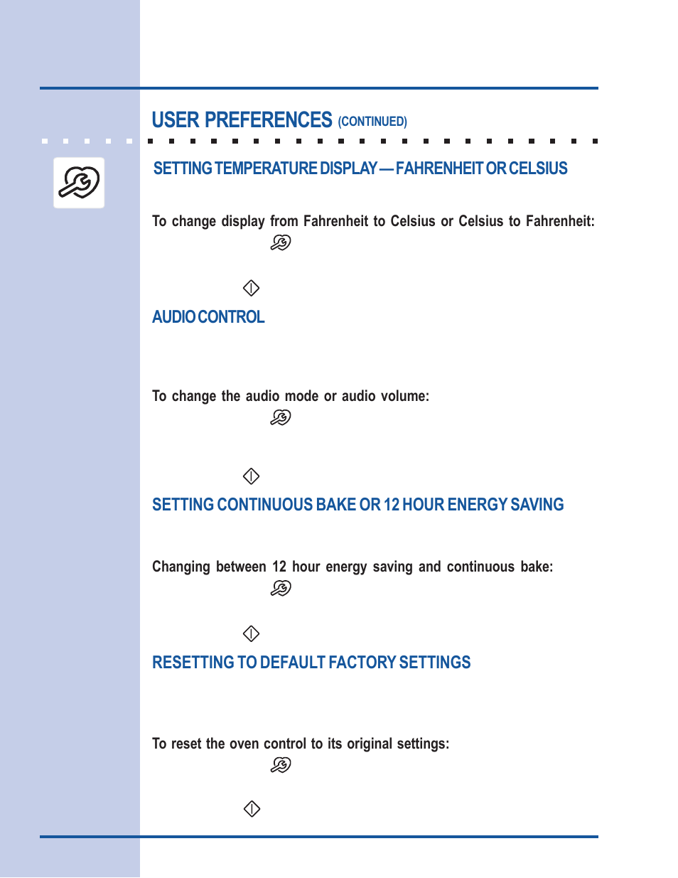 Electronic control settings, User preferences, Setting continuous bake or 12 hour energy saving | Resetting to default factory settings, Audio control | Electrolux E30EW85GSS User Manual | Page 32 / 44