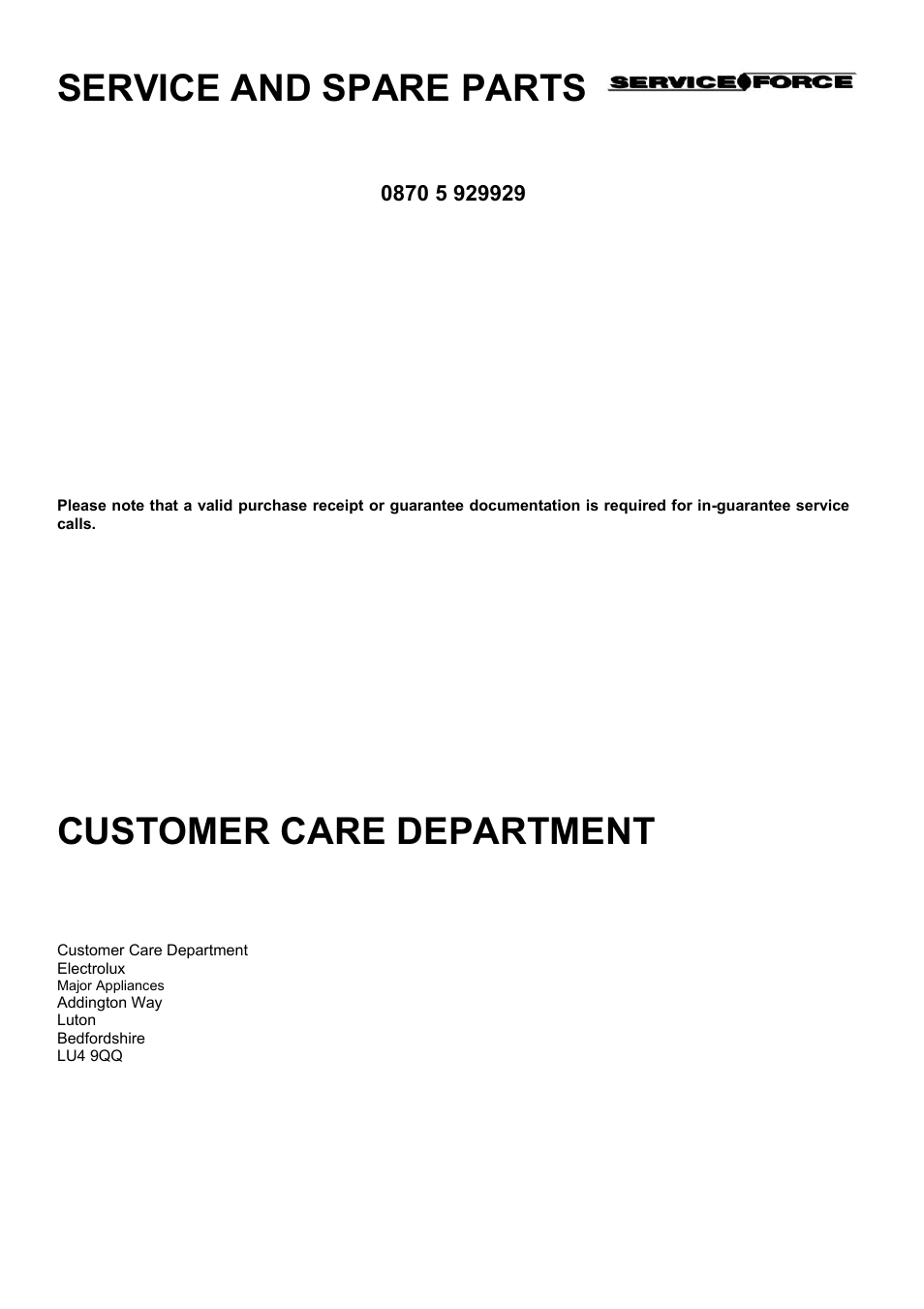 Service and spare parts, Customer care department | Electrolux U28003 EKT6045 User Manual | Page 43 / 48
