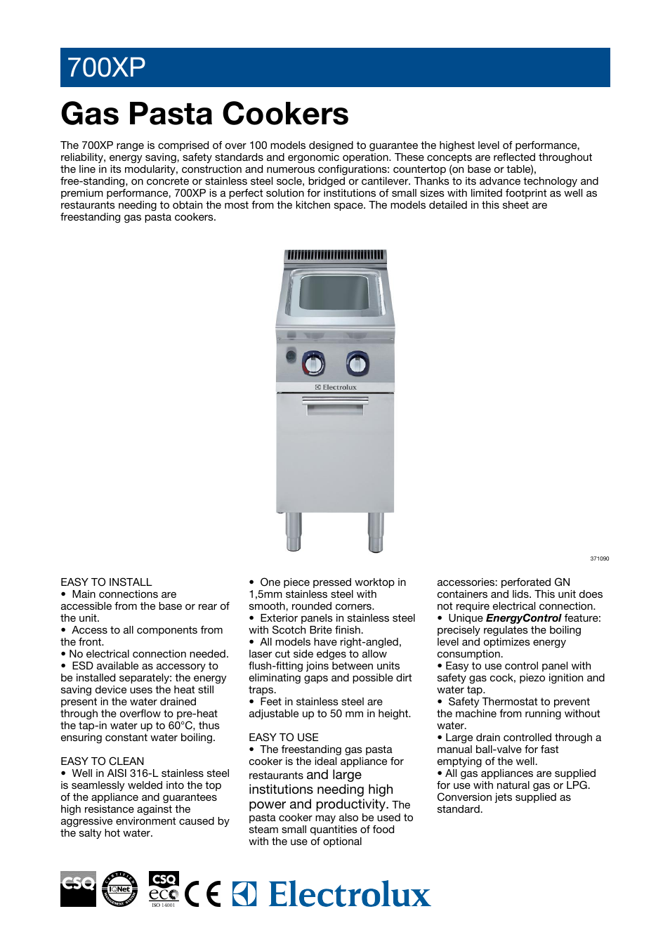 Electrolux GAS PASTA COOKERS 700XP User Manual | 5 pages