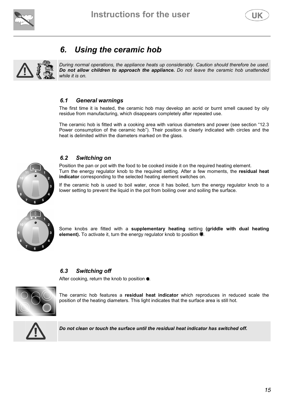 Instructions for the user, Using the ceramic hob | Electrolux C41022G User Manual | Page 15 / 36