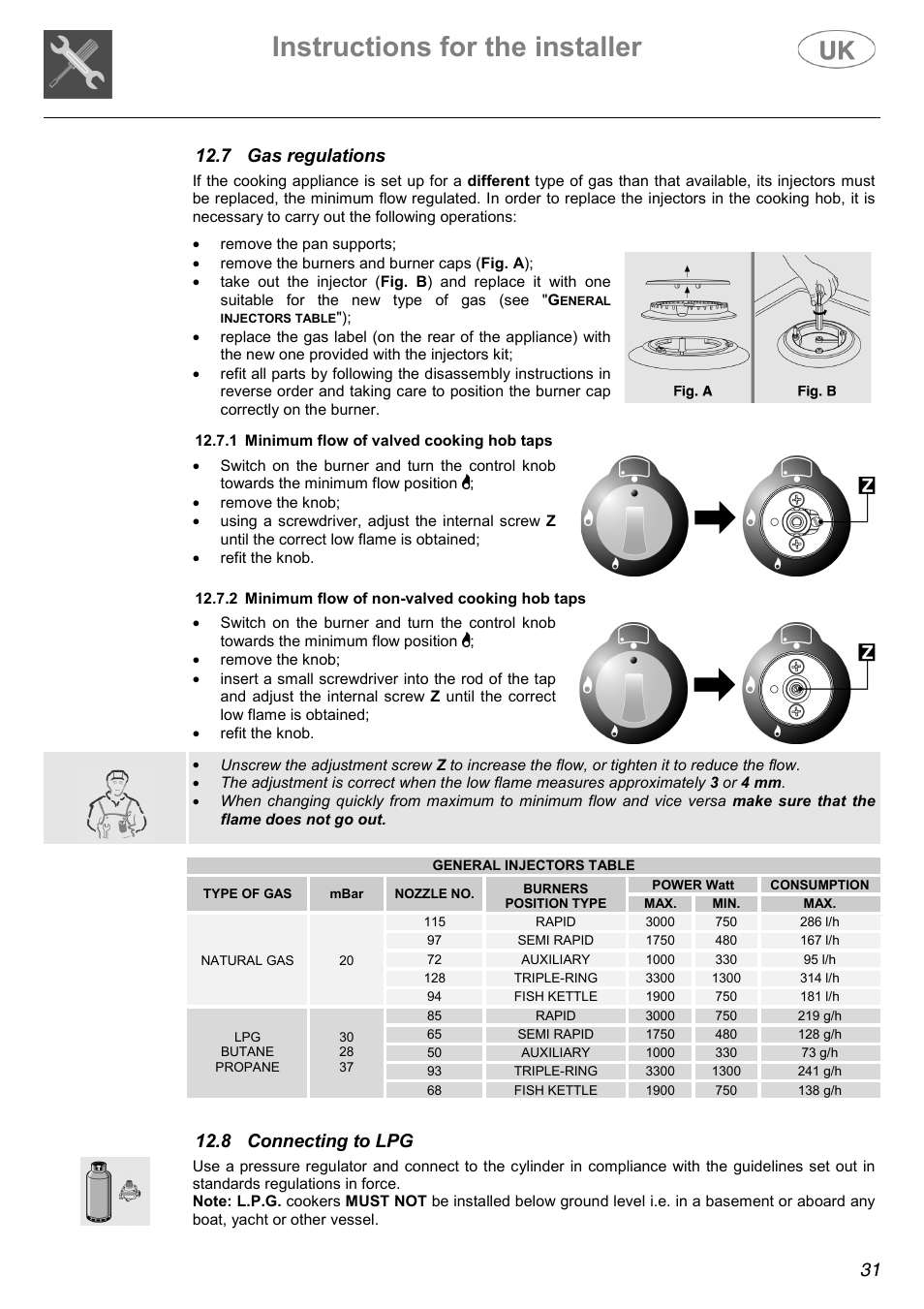 Instructions for the installer, 7 gas regulations, 8 connecting to lpg | Electrolux C41022G User Manual | Page 31 / 36