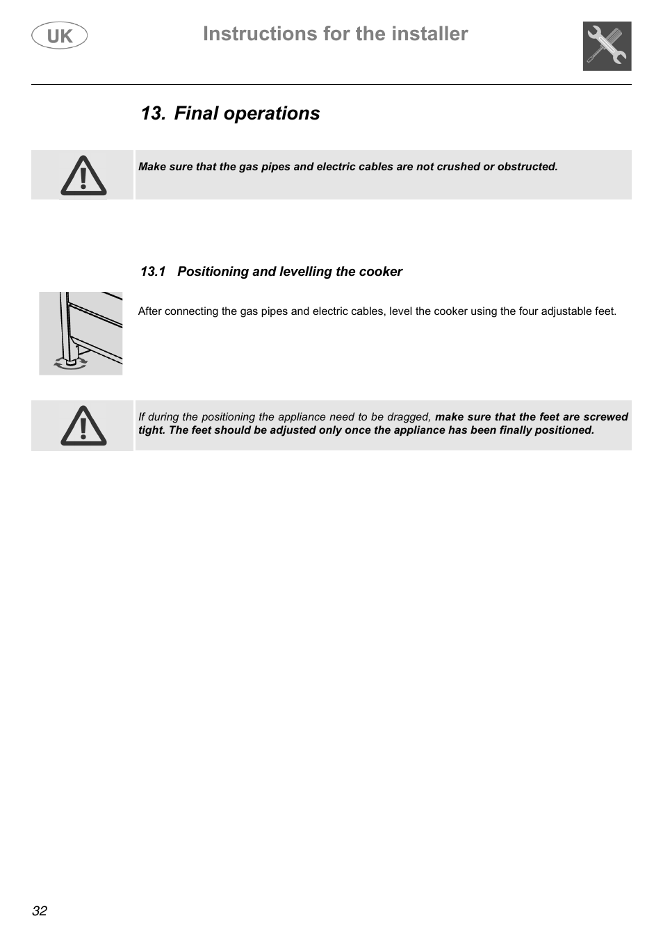 Instructions for the installer, Final operations | Electrolux C41022G User Manual | Page 32 / 36