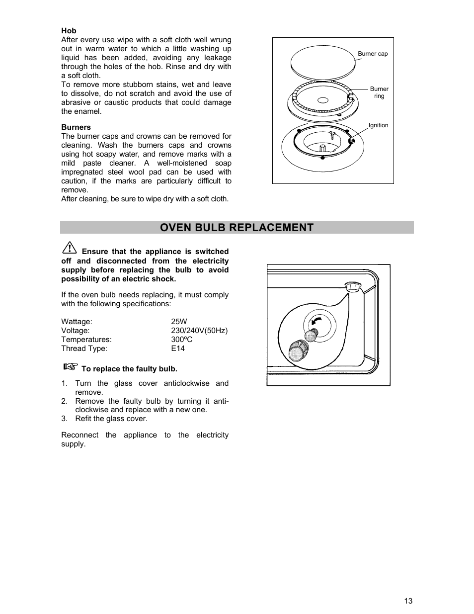 Oven bulb replacement | Electrolux DSO51GA User Manual | Page 13 / 27