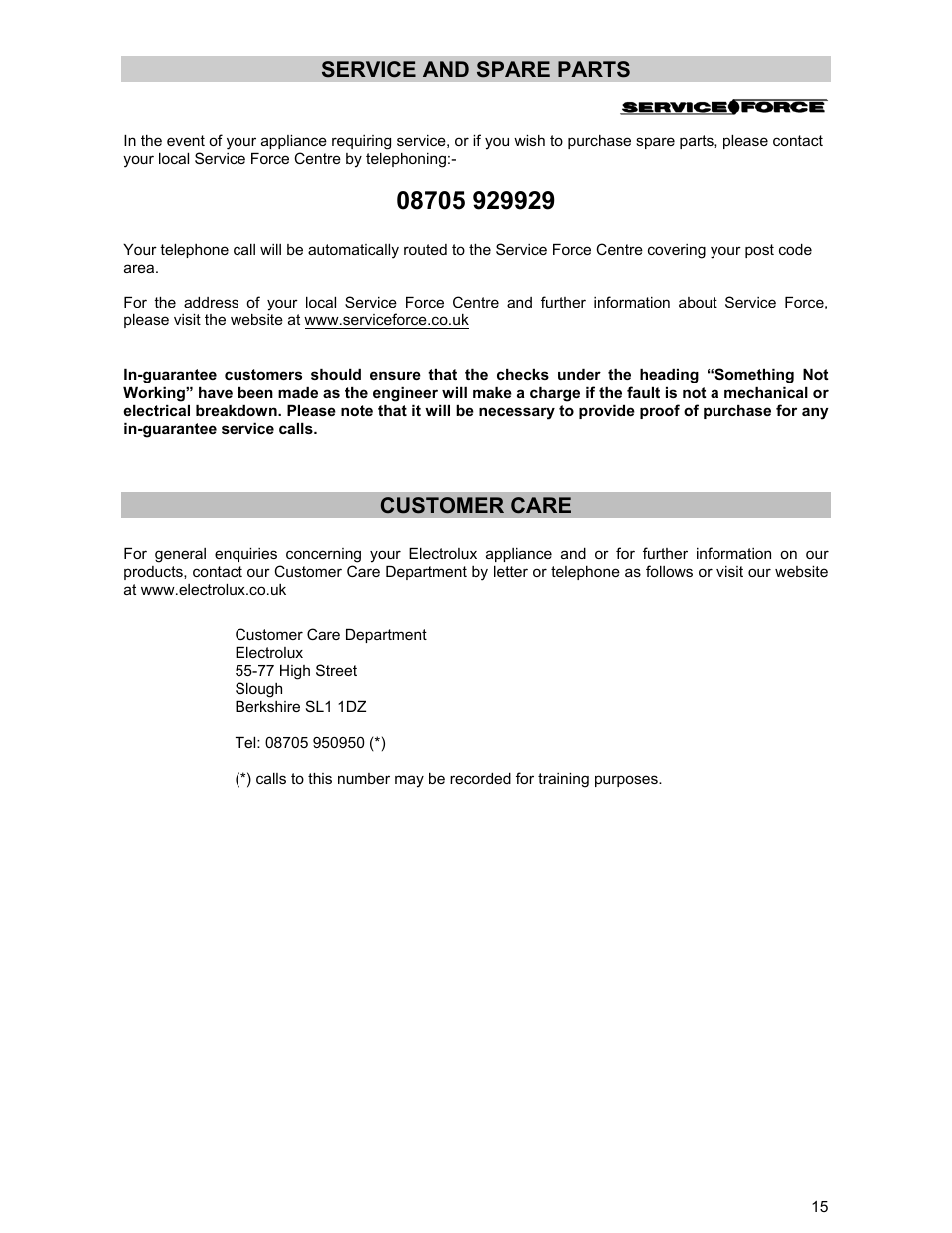 Service and spare parts, Customer care | Electrolux DSO51GA User Manual | Page 15 / 27