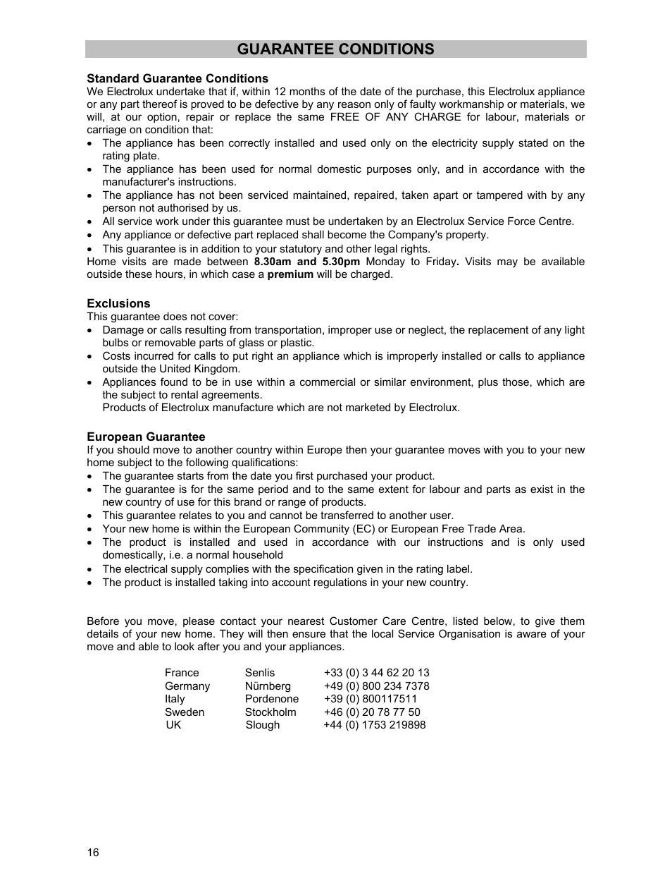 Guarantee conditions | Electrolux DSO51GA User Manual | Page 16 / 27