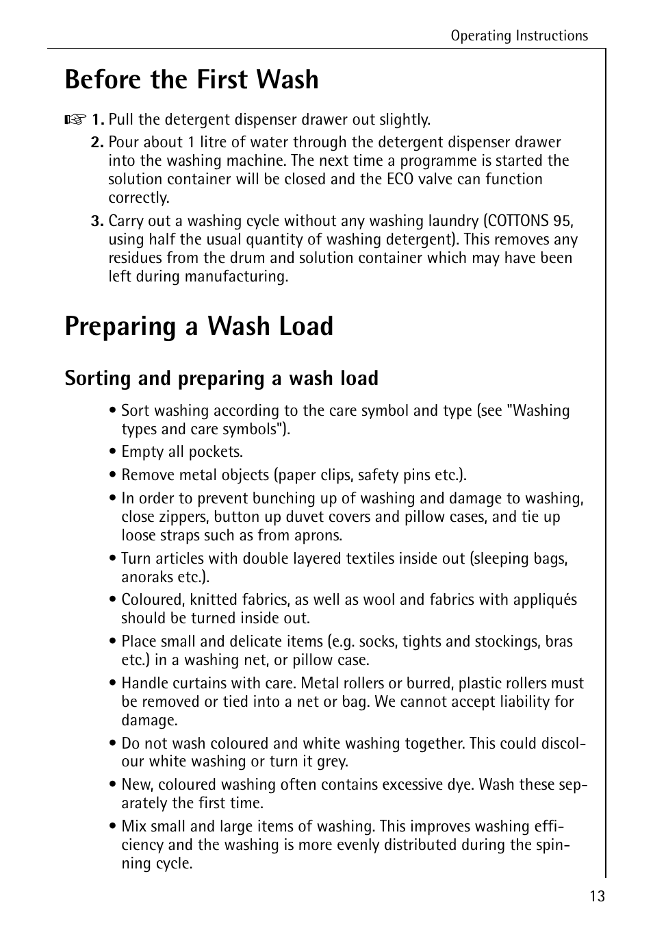 Before the first wash, Preparing a wash load, Sorting and preparing a wash load | Electrolux LAVAMAT W 1059 User Manual | Page 13 / 52