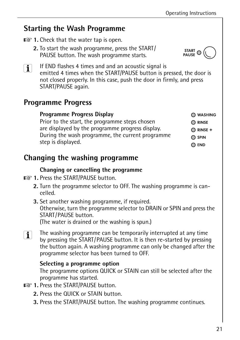 Starting the wash programme, Programme progress, Changing the washing programme | Electrolux LAVAMAT W 1059 User Manual | Page 21 / 52