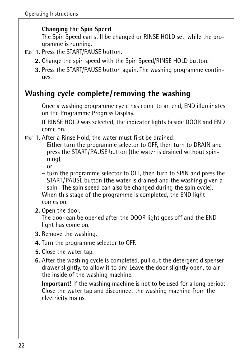 Washing cycle complete/removing the washing | Electrolux LAVAMAT W 1059 User Manual | Page 22 / 52