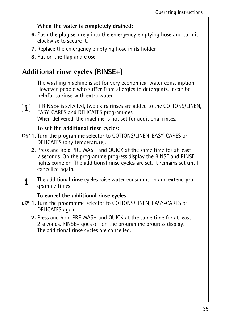 Additional rinse cycles (rinse+) | Electrolux LAVAMAT W 1059 User Manual | Page 35 / 52