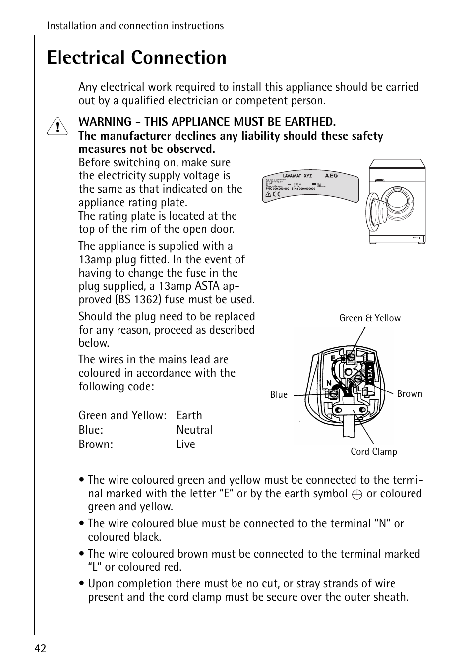 Electrical connection | Electrolux LAVAMAT W 1059 User Manual | Page 42 / 52