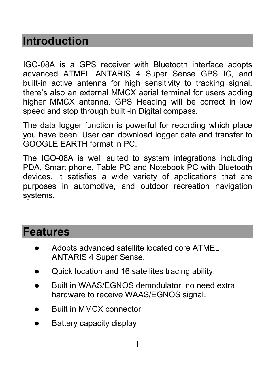 Introduction, Features | Emprex GPS Bluetooth Receiver IGO-08A User Manual | Page 5 / 21