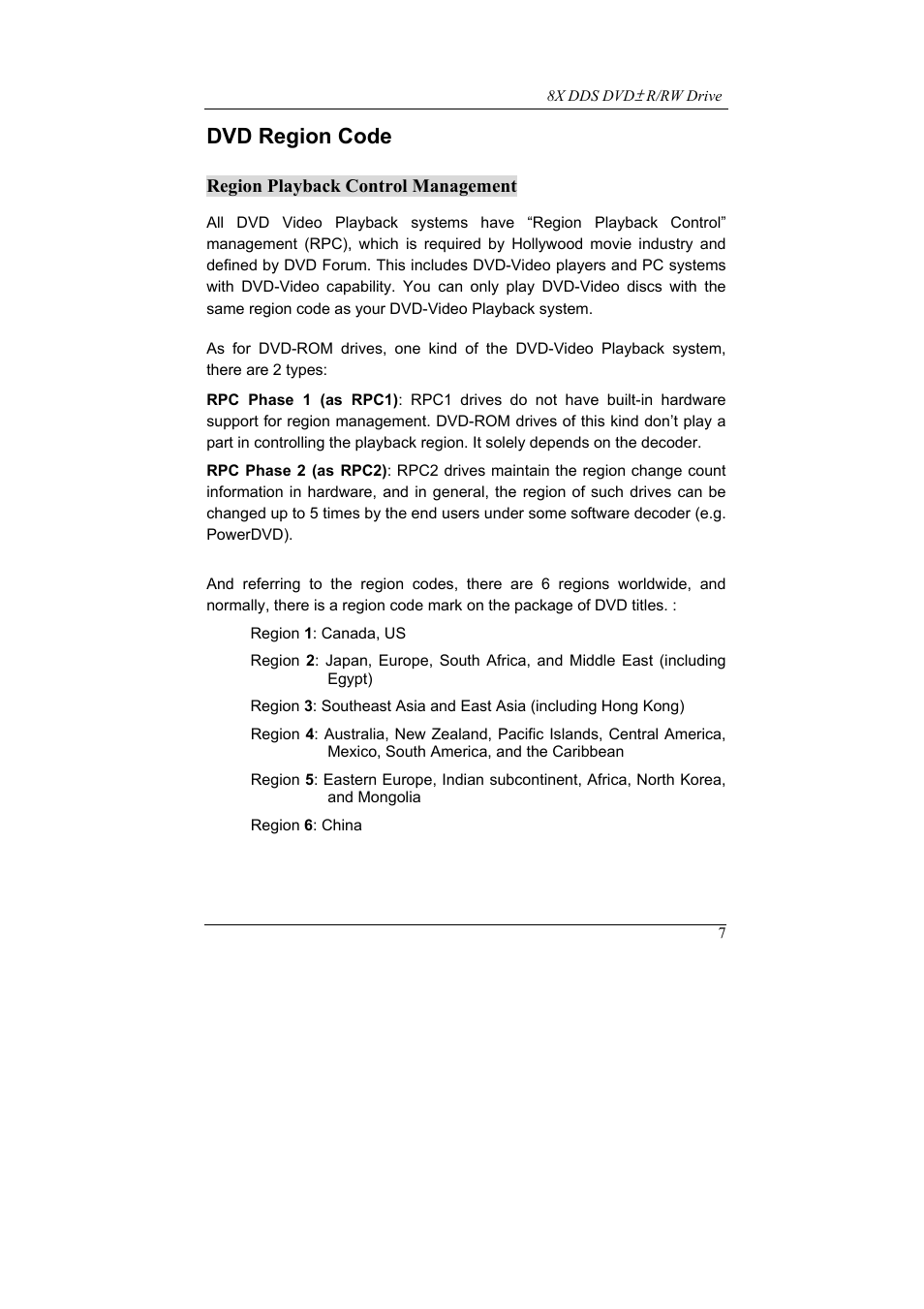 Dvd region code, Region playback control management | Emprex 8X DDS User Manual | Page 11 / 24