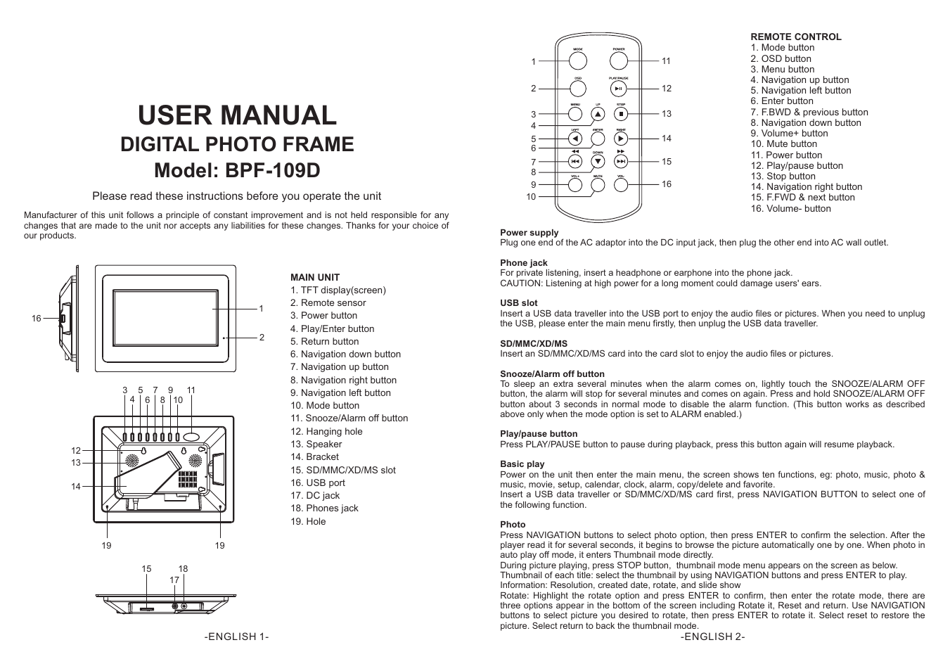 Emprex BPF-109D User Manual | 3 pages