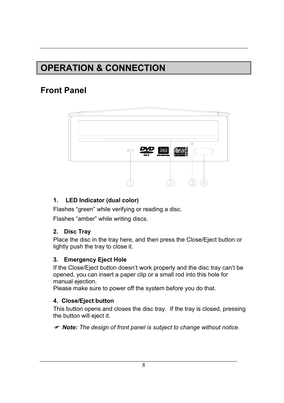 Operation & connection, Front panel | Emprex USB 2.0 External Drive User Manual | Page 12 / 19