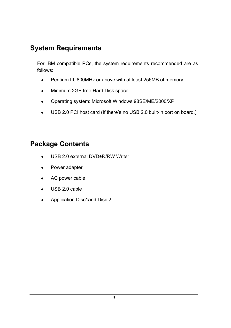 System requirements, Package contents | Emprex USB 2.0 External Drive User Manual | Page 7 / 19