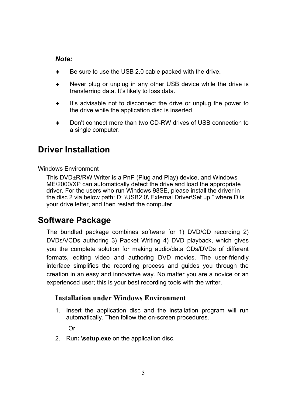 Driver installation, Software package, Installation under windows environment | Emprex USB 2.0 External Drive User Manual | Page 9 / 19