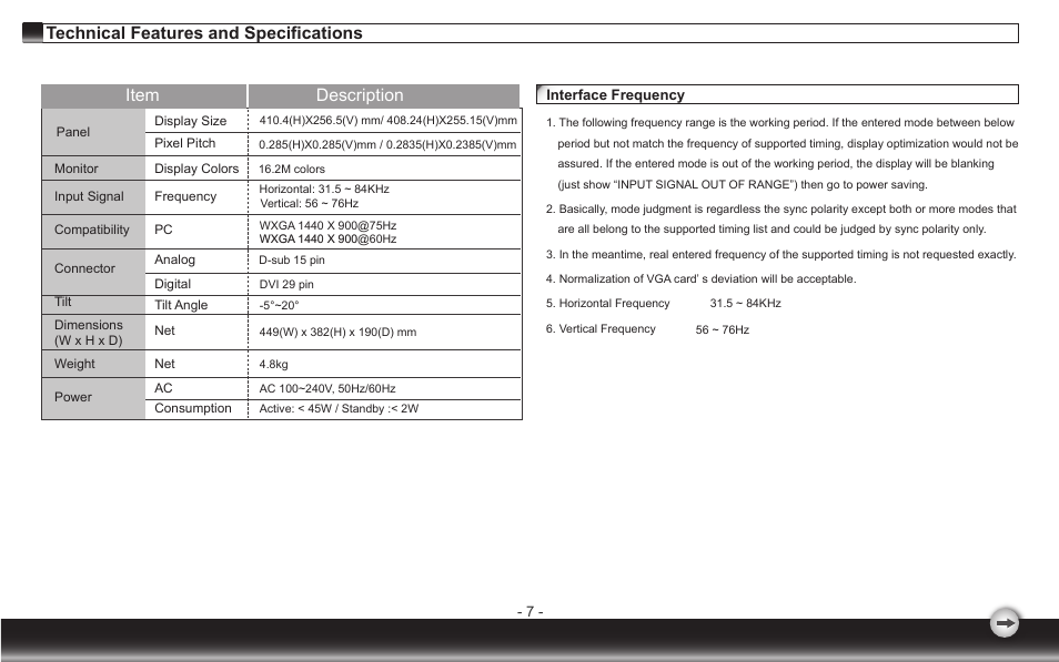 Technical features and specifications, Item description | Emprex LCD Monitor LM-1905 User Manual | Page 10 / 12