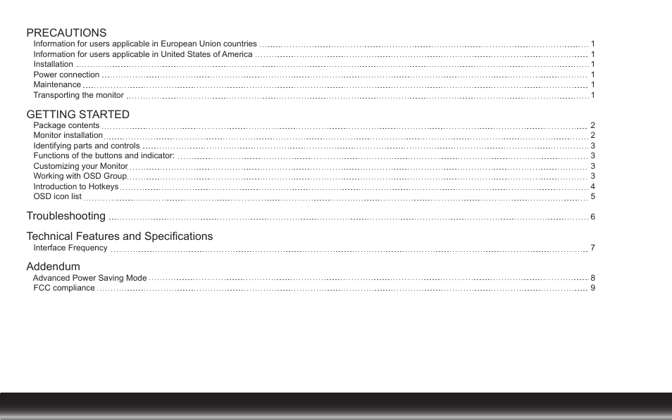 Precautions, Getting started, Troubleshooting | Technical features and specifications, Addendum | Emprex LCD Monitor LM-1905 User Manual | Page 2 / 12