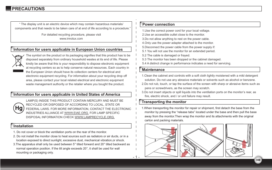 Precautions | Emprex LCD Monitor LM-1905 User Manual | Page 4 / 12