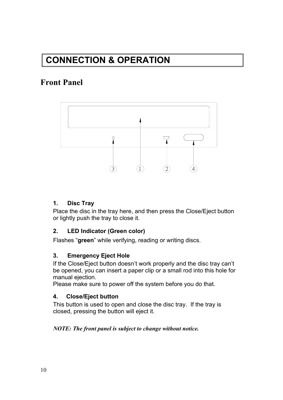 Connection & operation, Front panel | Emprex DVD Writer 18X User Manual | Page 10 / 18