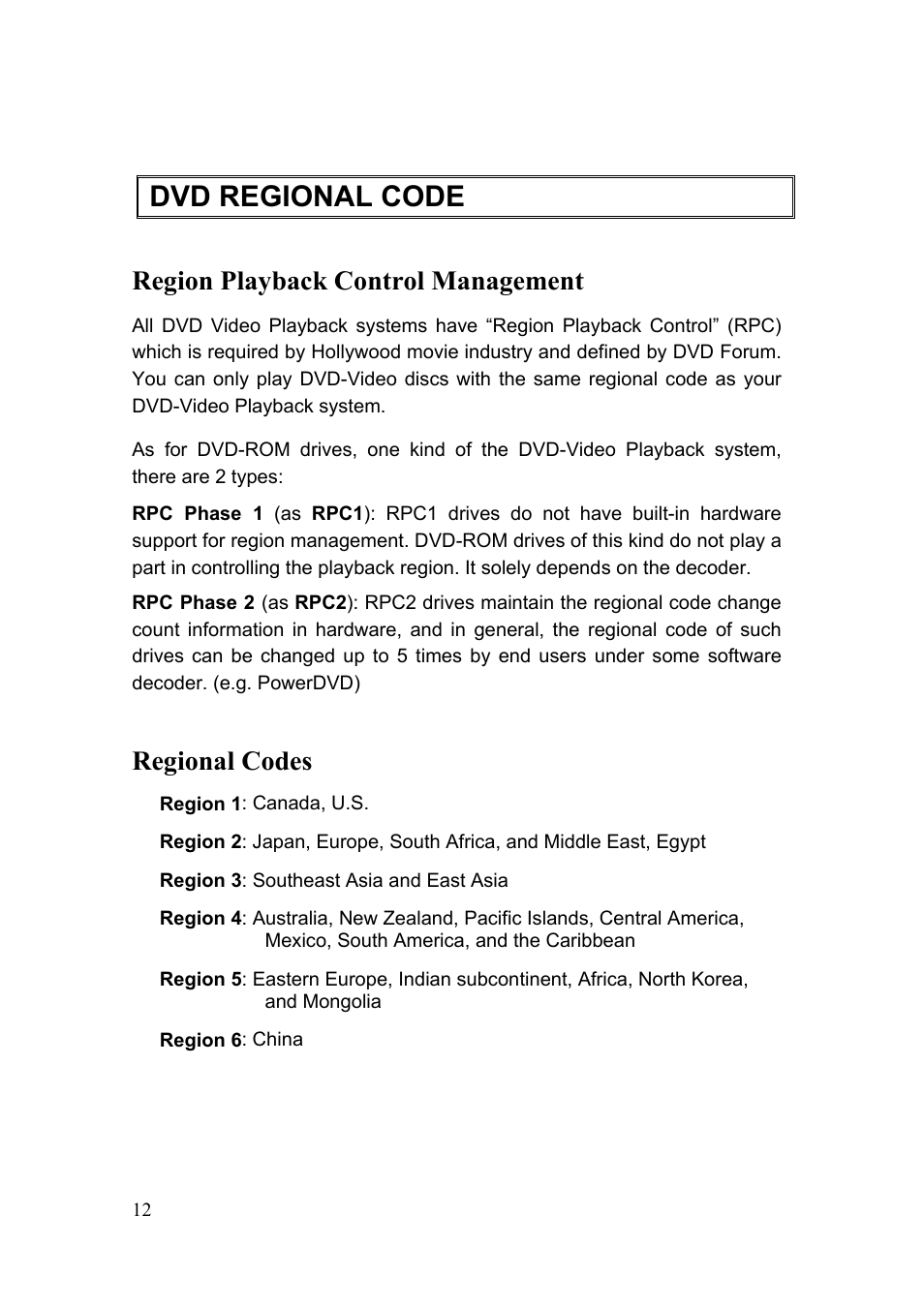 Dvd regional code, Region playback control management, Regional codes | Emprex DVD Writer 18X User Manual | Page 12 / 18