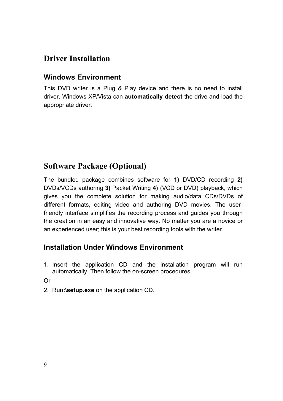 Driver installation, Software package (optional) | Emprex DVD Writer 18X User Manual | Page 9 / 18