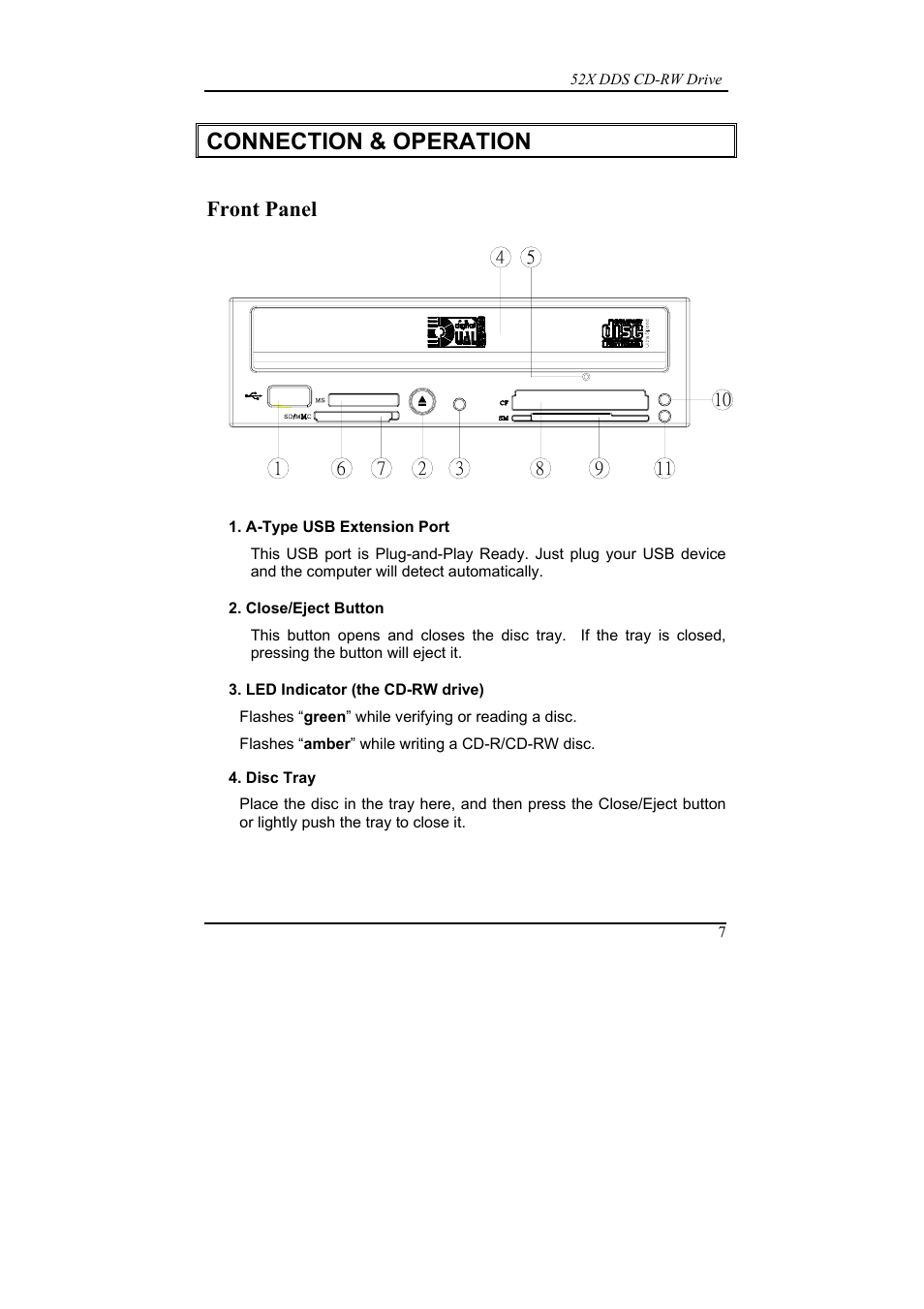 Connection & operation, Front panel | Emprex 52X DDS User Manual | Page 11 / 18