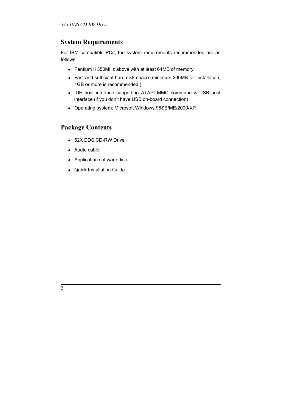 System requirements, Package contents | Emprex 52X DDS User Manual | Page 6 / 18