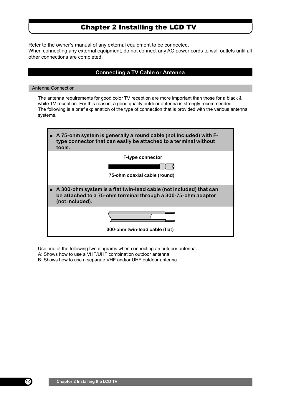 Chapter 2, Installing the lcd tv, Connecting a tv cable or antenna | Chapter 2 installing the lcd tv | Emprex HD-3701 User Manual | Page 15 / 52