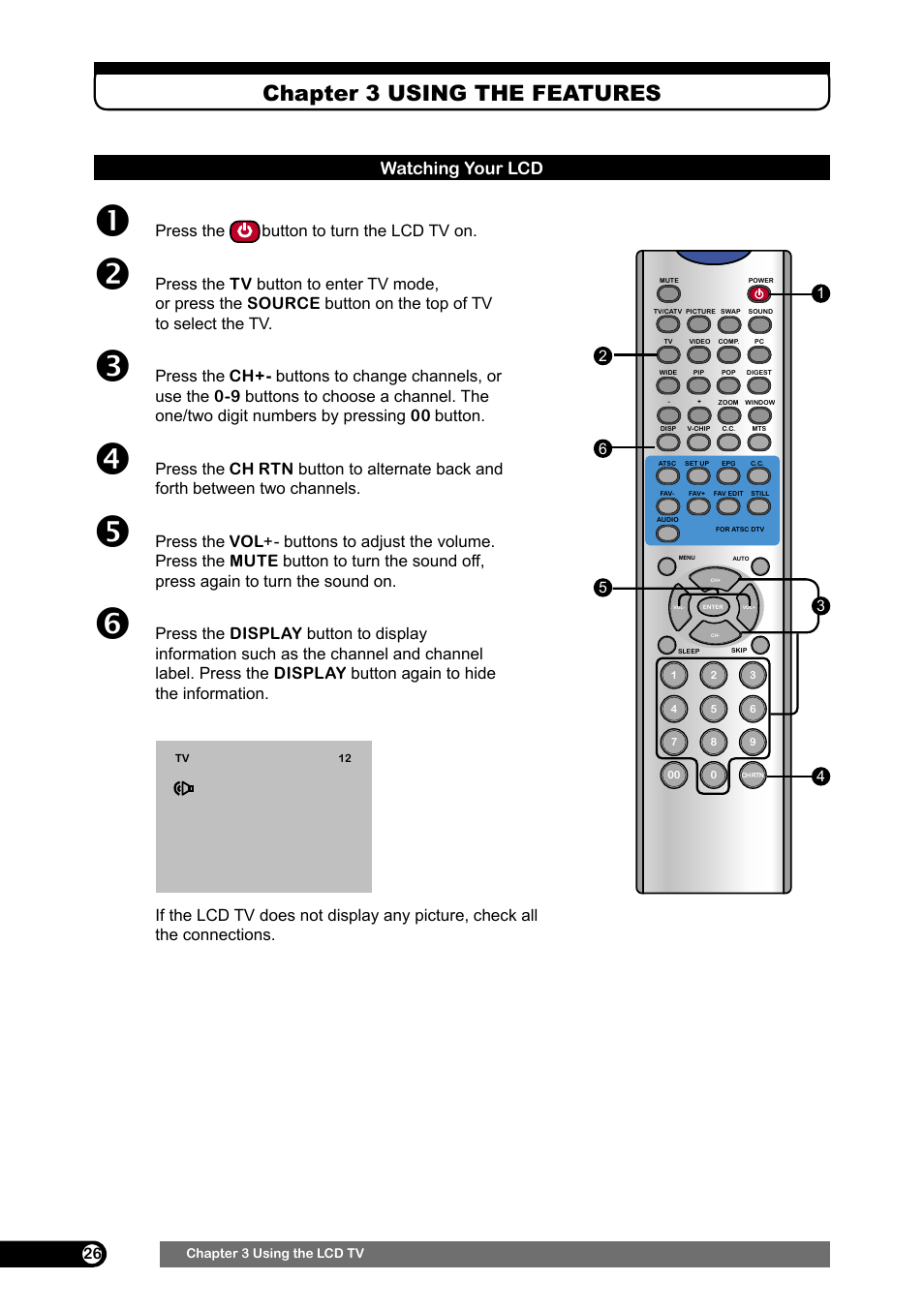 Chapter 3, Using the features, Watching your lcd | Chapter 3 using the features, Press the button to turn the lcd tv on | Emprex HD-3701 User Manual | Page 27 / 52