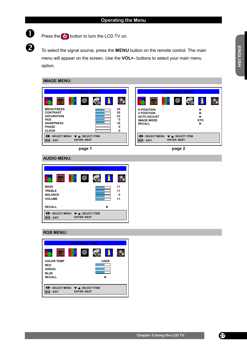 Operating the menu, Press the button to turn the lcd tv on | Emprex HD-3701 User Manual | Page 28 / 52